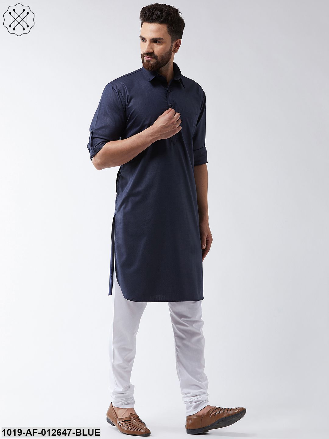 Men's Cotton Navy Blue Solid Pathani Kurta & White Churidar Pyjama Set