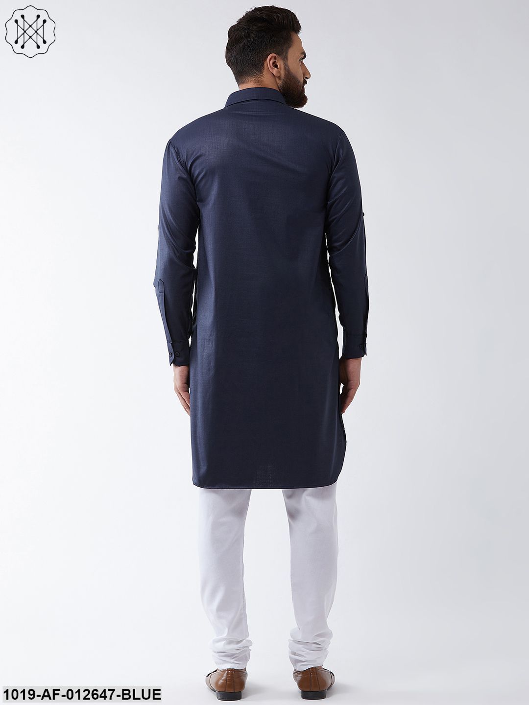 Men's Cotton Navy Blue Solid Pathani Kurta & White Churidar Pyjama Set