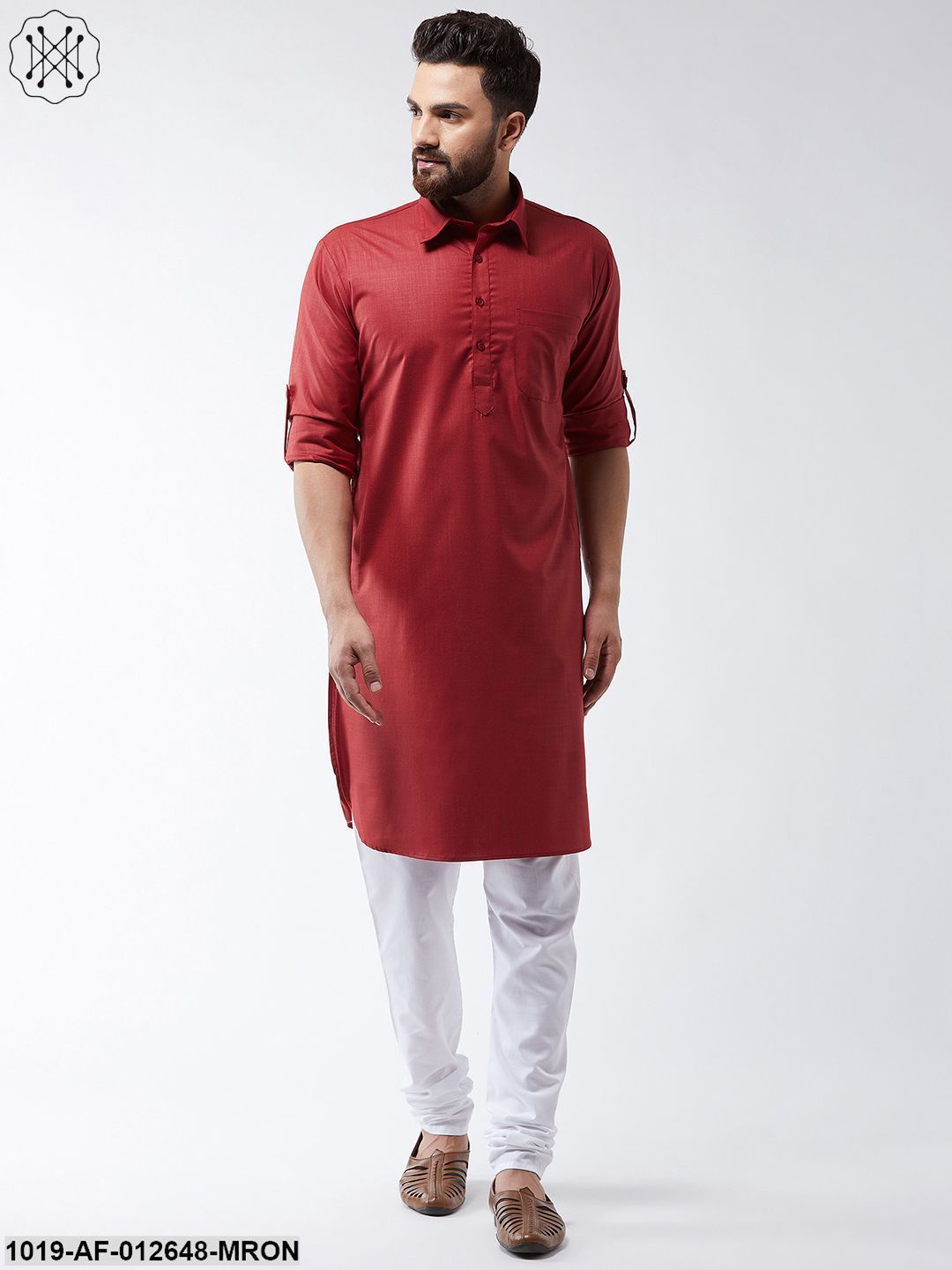 Men's Cotton Maroon Solid Pathani Kurta & White Churidar Pyjama Set