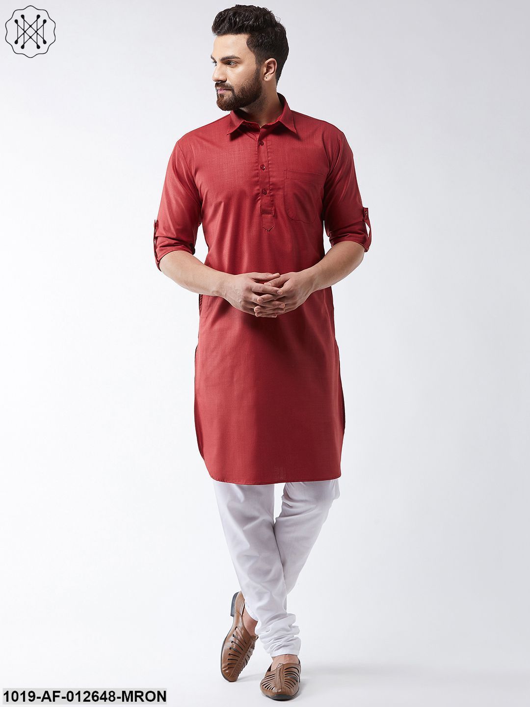 Men's Cotton Maroon Solid Pathani Kurta & White Churidar Pyjama Set
