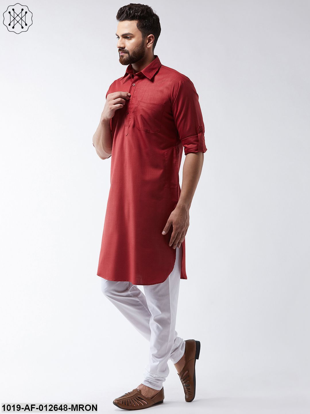 Men's Cotton Maroon Solid Pathani Kurta & White Churidar Pyjama Set