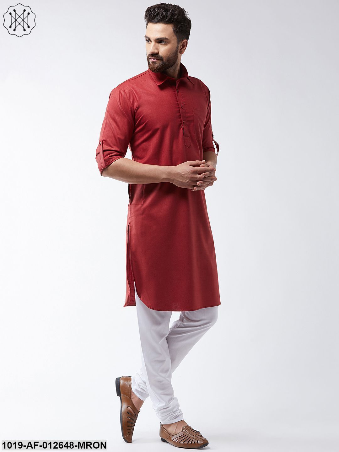 Men's Cotton Maroon Solid Pathani Kurta & White Churidar Pyjama Set