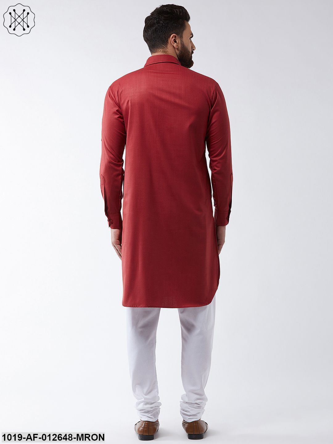 Men's Cotton Maroon Solid Pathani Kurta & White Churidar Pyjama Set