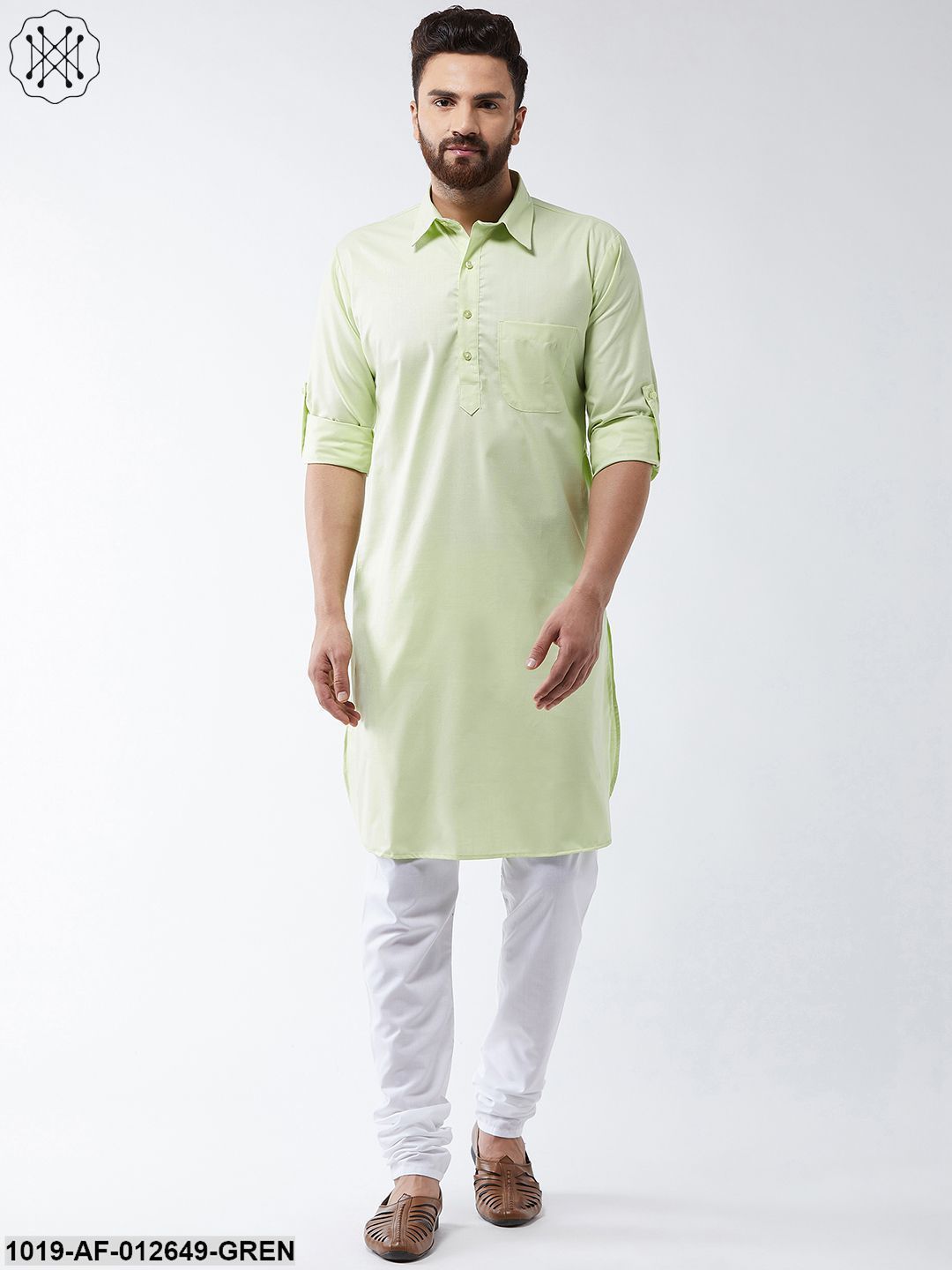 Men's Cotton Light Green Solid Pathani Kurta & White Churidar Pyjama Set