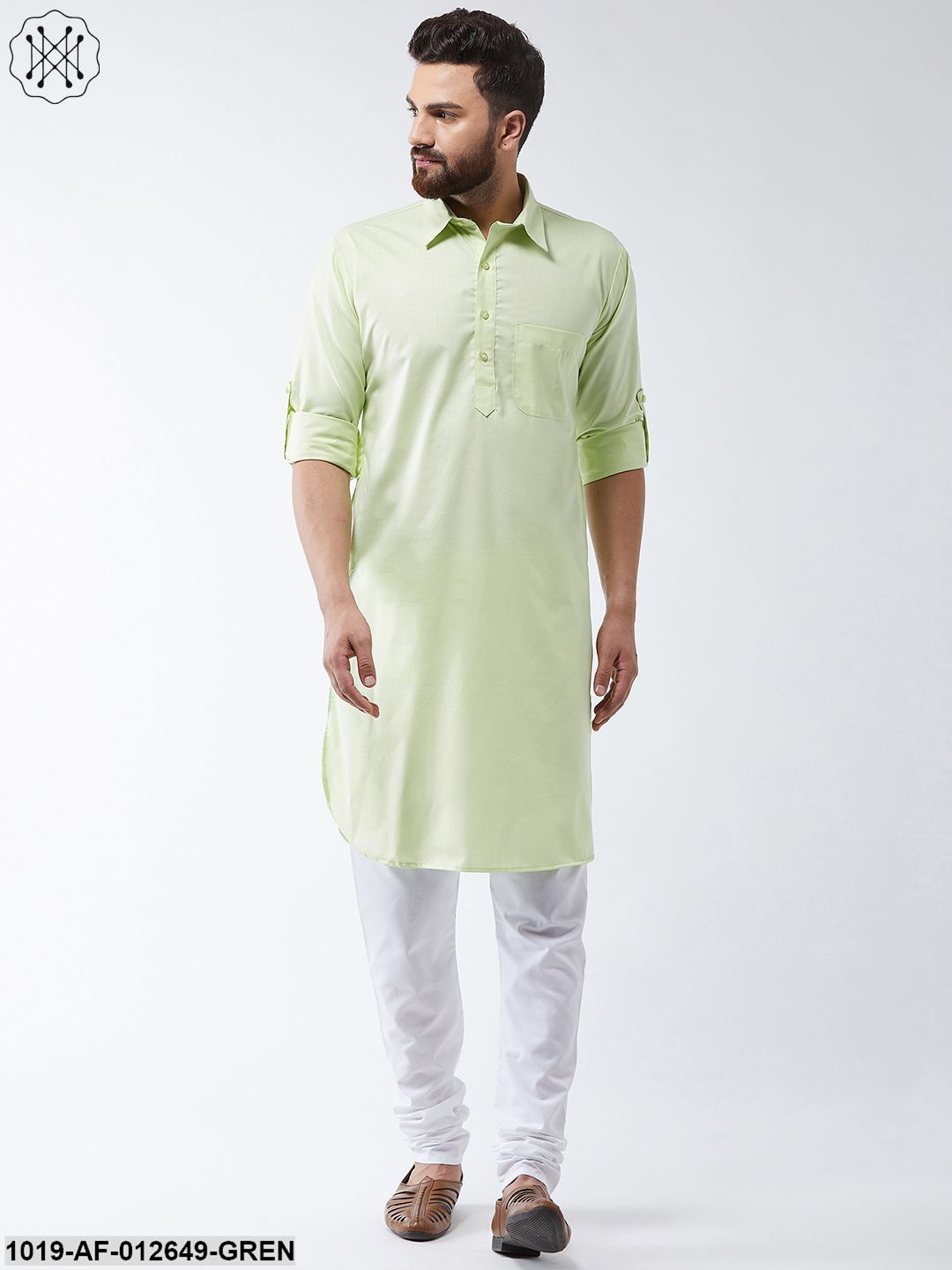 Men's Cotton Light Green Solid Pathani Kurta & White Churidar Pyjama Set