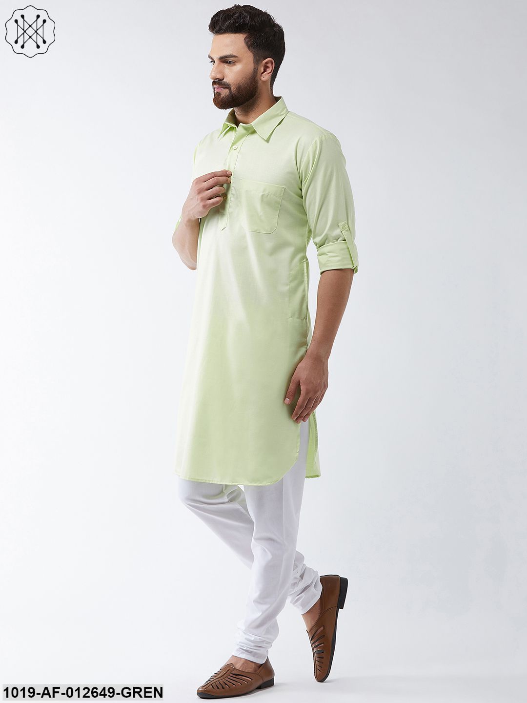 Men's Cotton Light Green Solid Pathani Kurta & White Churidar Pyjama Set