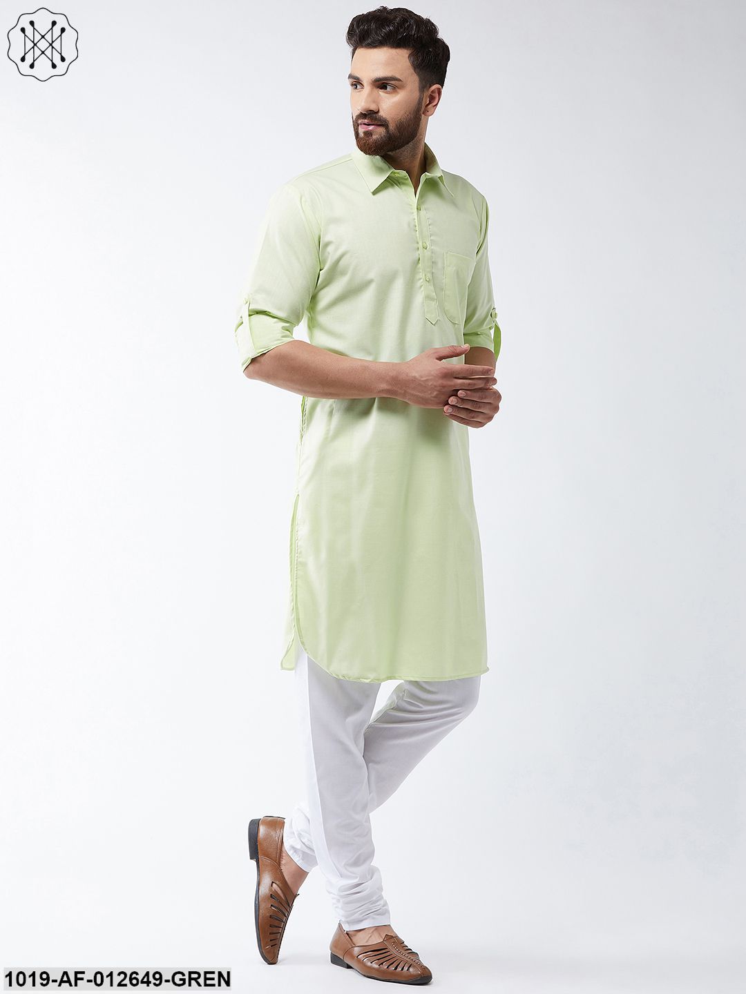 Men's Cotton Light Green Solid Pathani Kurta & White Churidar Pyjama Set