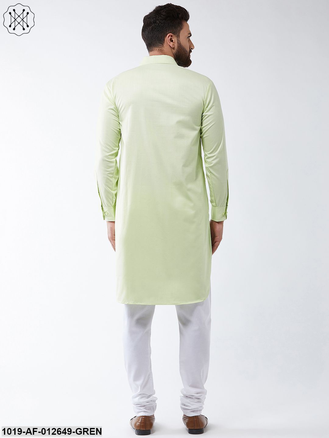 Men's Cotton Light Green Solid Pathani Kurta & White Churidar Pyjama Set