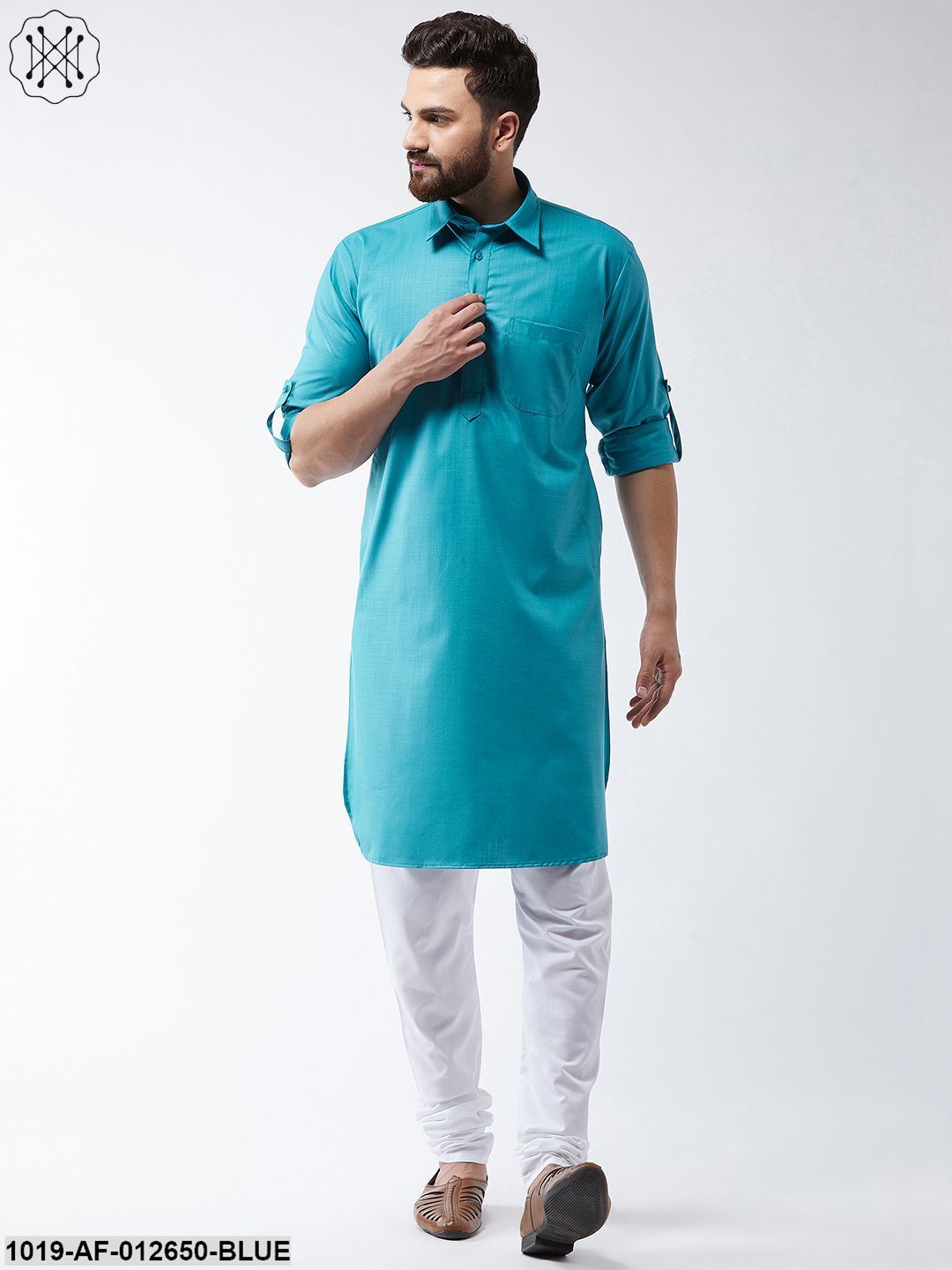 Men's Cotton Peacock Blue Solid Pathani Kurta & White Churidar Pyjama Set