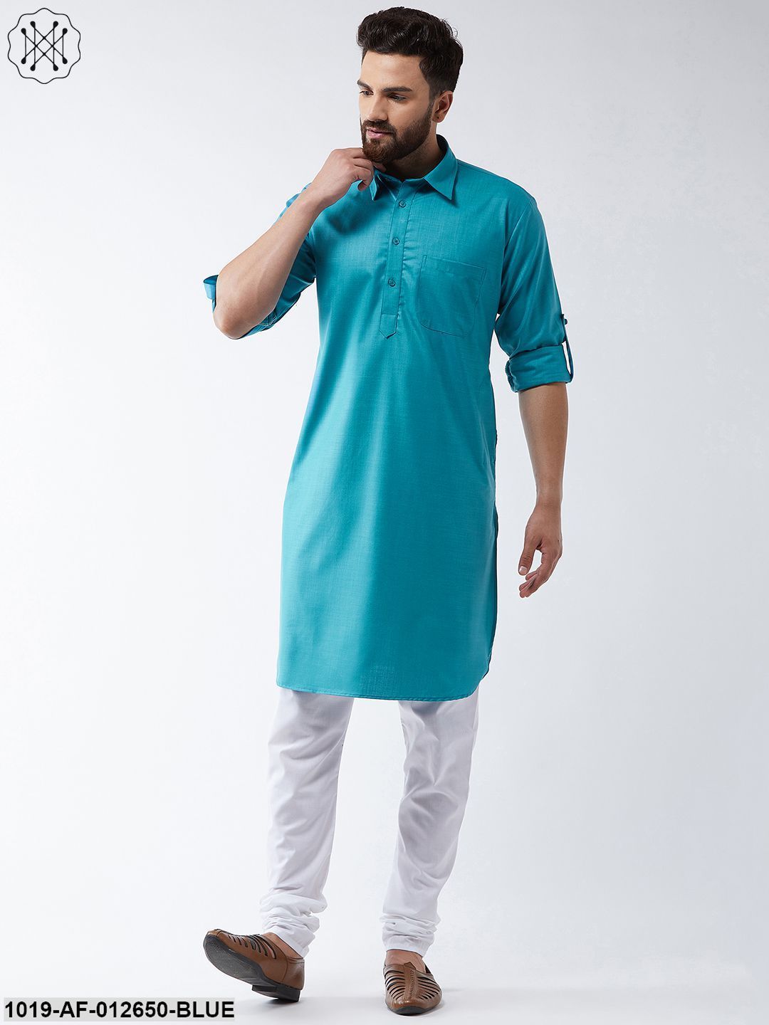 Men's Cotton Peacock Blue Solid Pathani Kurta & White Churidar Pyjama Set