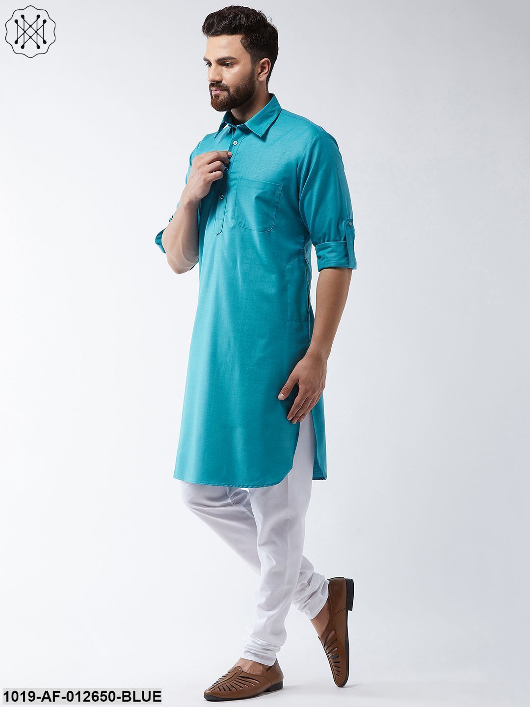 Men's Cotton Peacock Blue Solid Pathani Kurta & White Churidar Pyjama Set