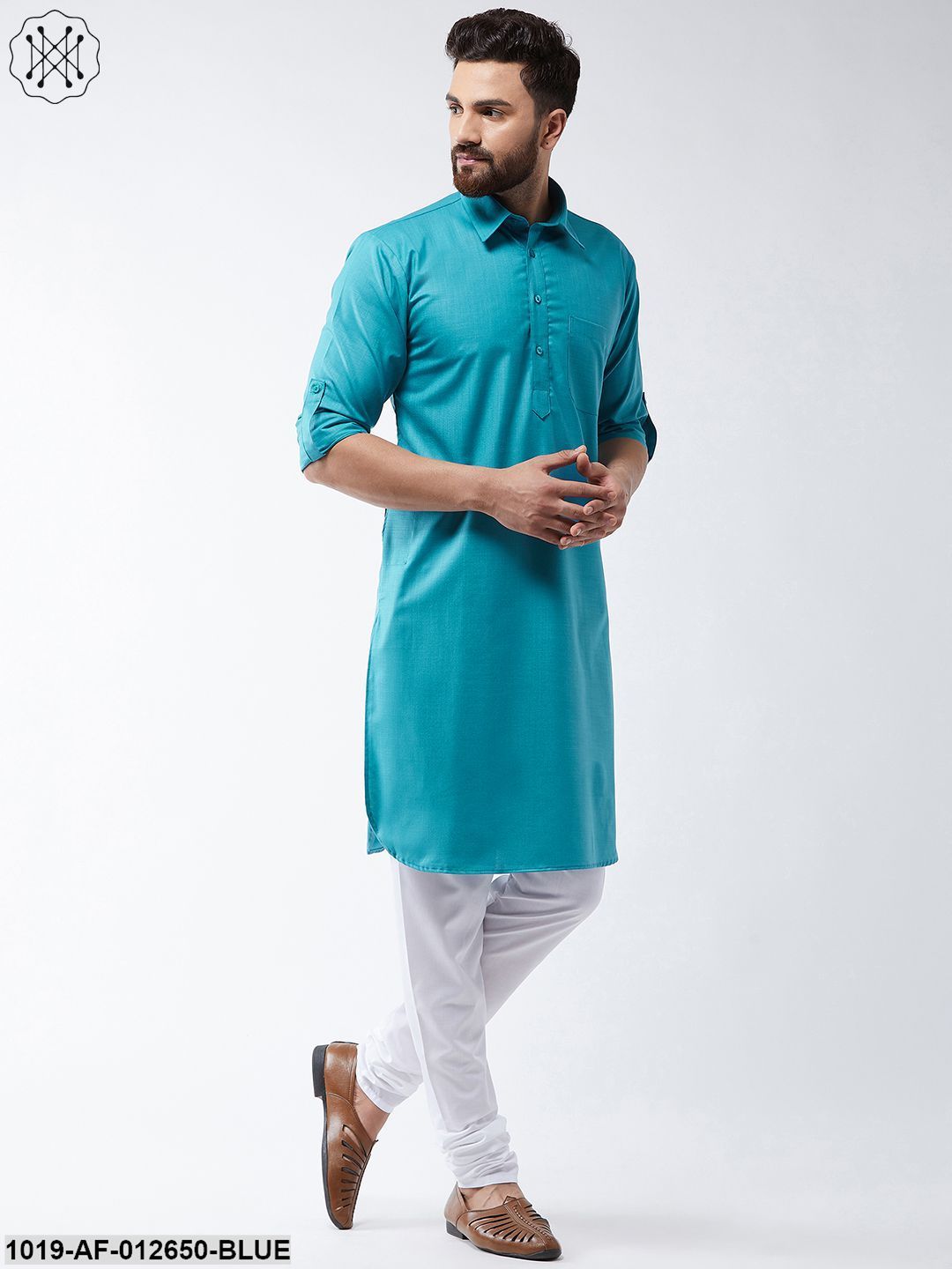 Men's Cotton Peacock Blue Solid Pathani Kurta & White Churidar Pyjama Set