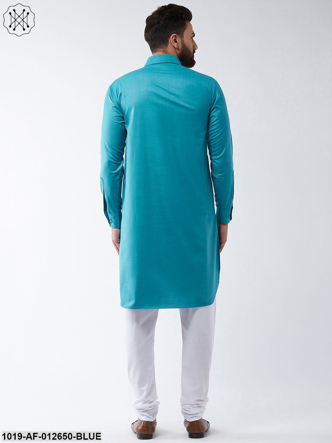 Men's Cotton Peacock Blue Solid Pathani Kurta & White Churidar Pyjama Set