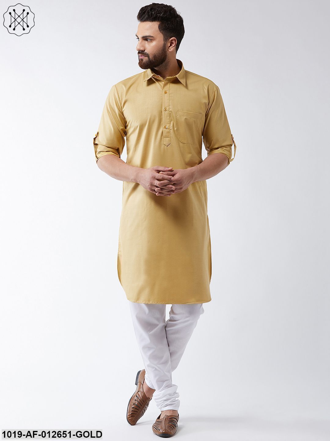Men's Cotton Gold Solid Pathani Kurta & White Churidar Pyjama Set