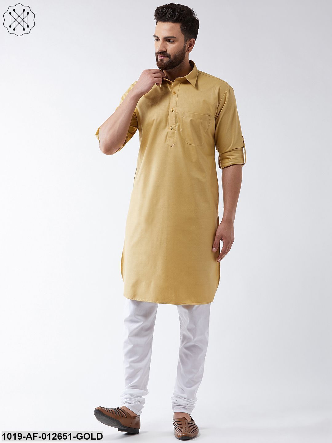 Men's Cotton Gold Solid Pathani Kurta & White Churidar Pyjama Set