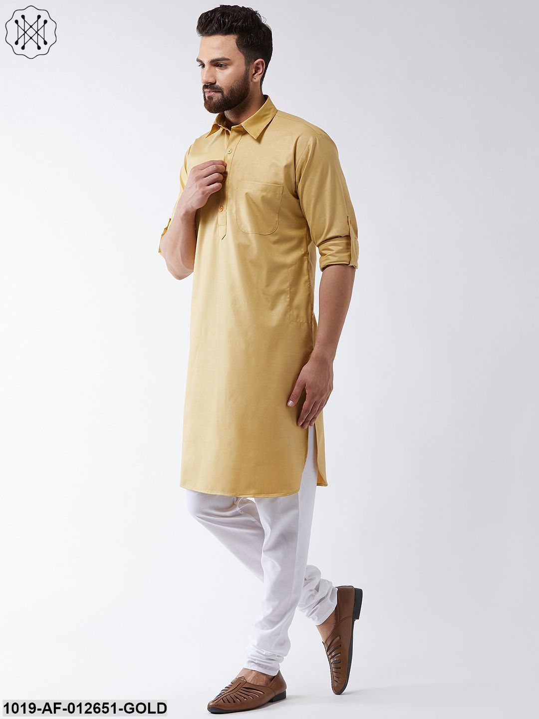 Men's Cotton Gold Solid Pathani Kurta & White Churidar Pyjama Set