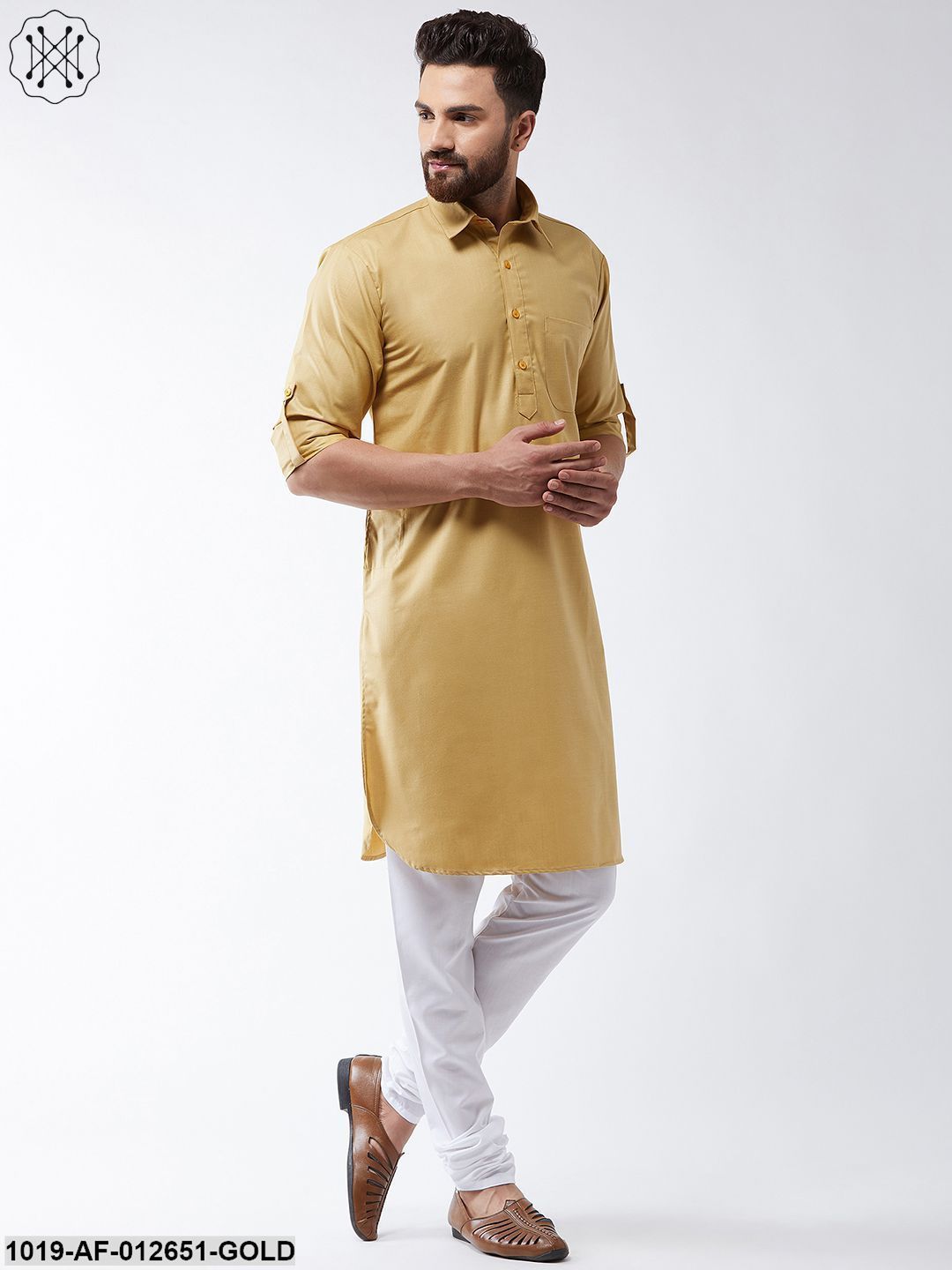 Men's Cotton Gold Solid Pathani Kurta & White Churidar Pyjama Set