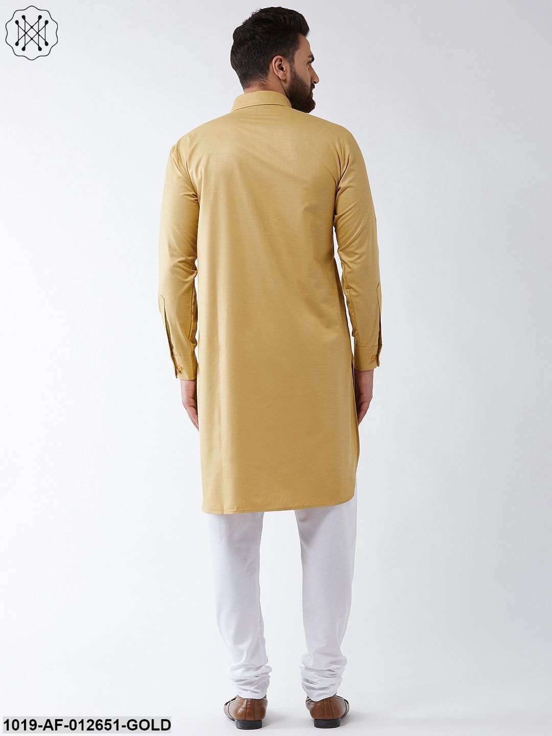 Men's Cotton Gold Solid Pathani Kurta & White Churidar Pyjama Set