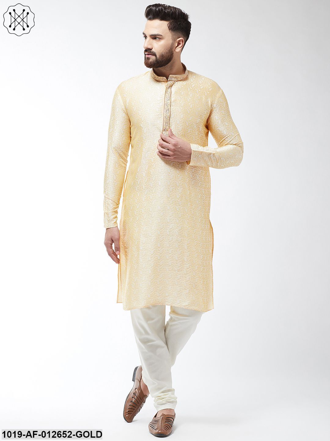 Men's Silk Blend Gold Kurta And Off White Churidar Pyjama Set - Sojanya