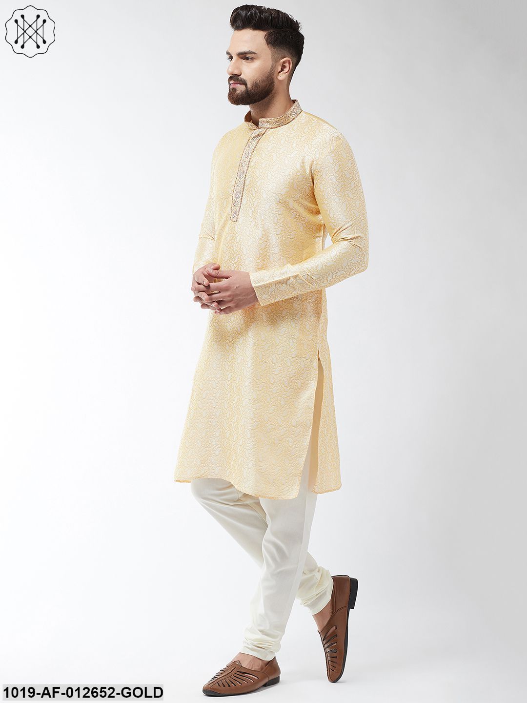 Men's Silk Blend Gold Kurta And Off White Churidar Pyjama Set - Sojanya