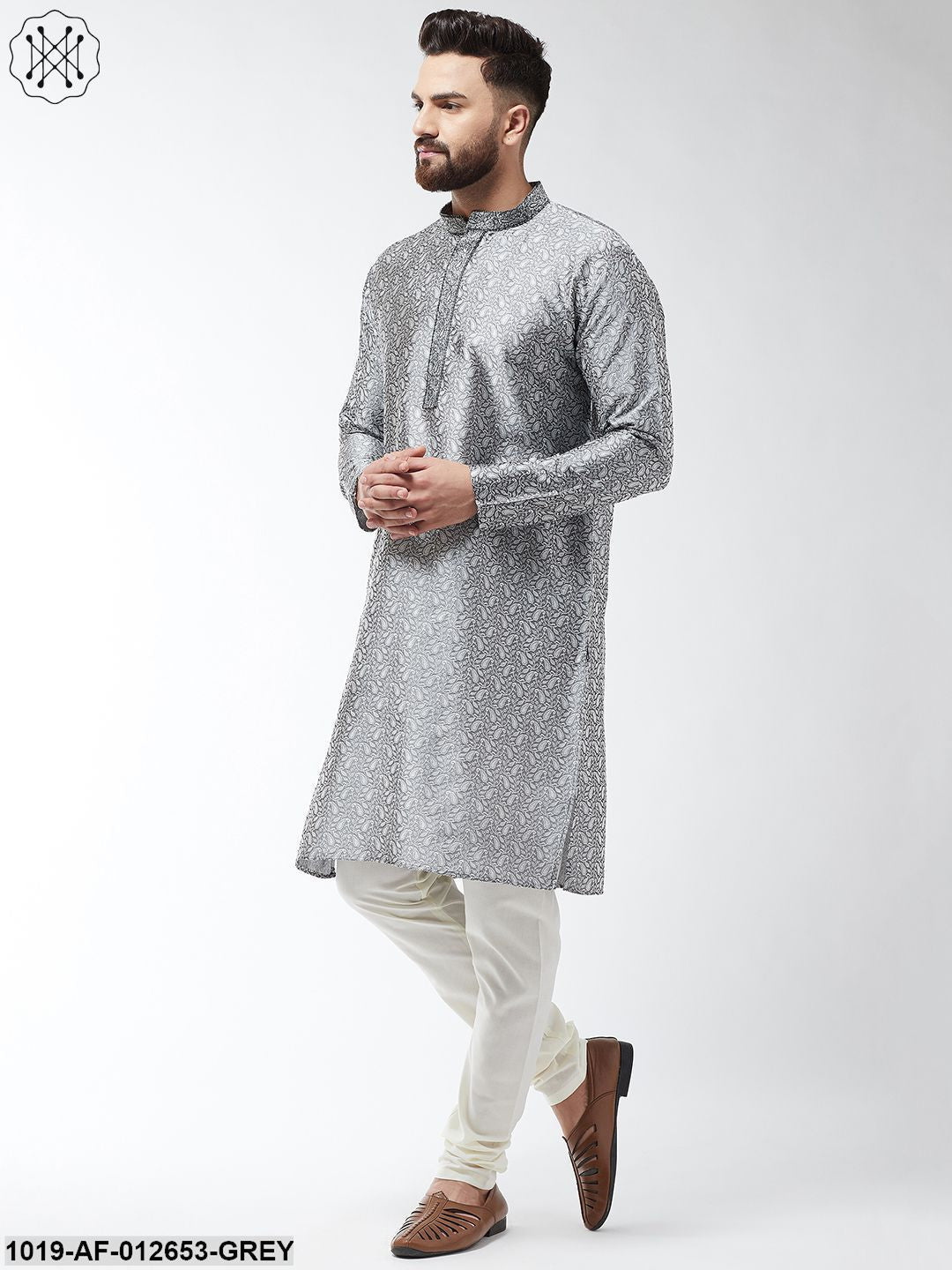 Men's Silk Blend Grey Kurta And Off White Churidar Pyjama Set - Sojanya