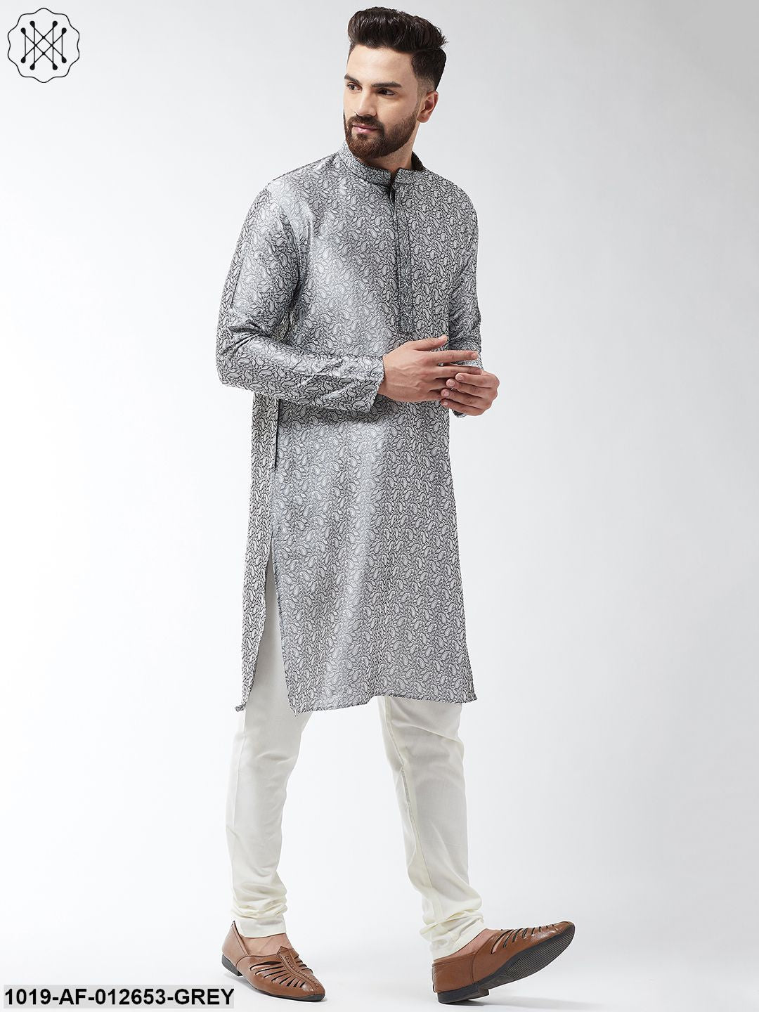 Men's Silk Blend Grey Kurta And Off White Churidar Pyjama Set - Sojanya