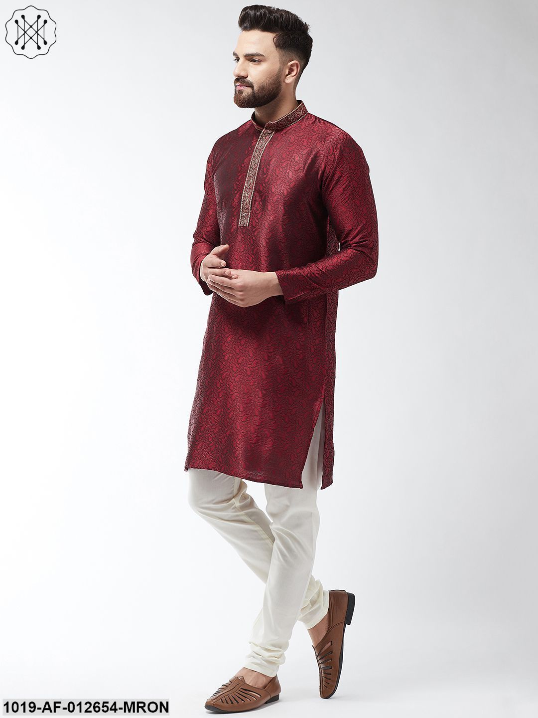 Men's Silk Blend Maroon Kurta And Off White Churidar Pyjama Set - Sojanya