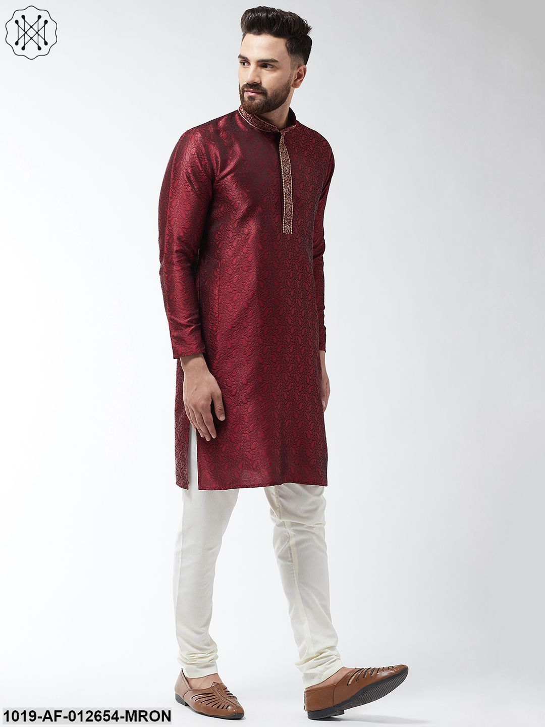 Men's Silk Blend Maroon Kurta And Off White Churidar Pyjama Set - Sojanya