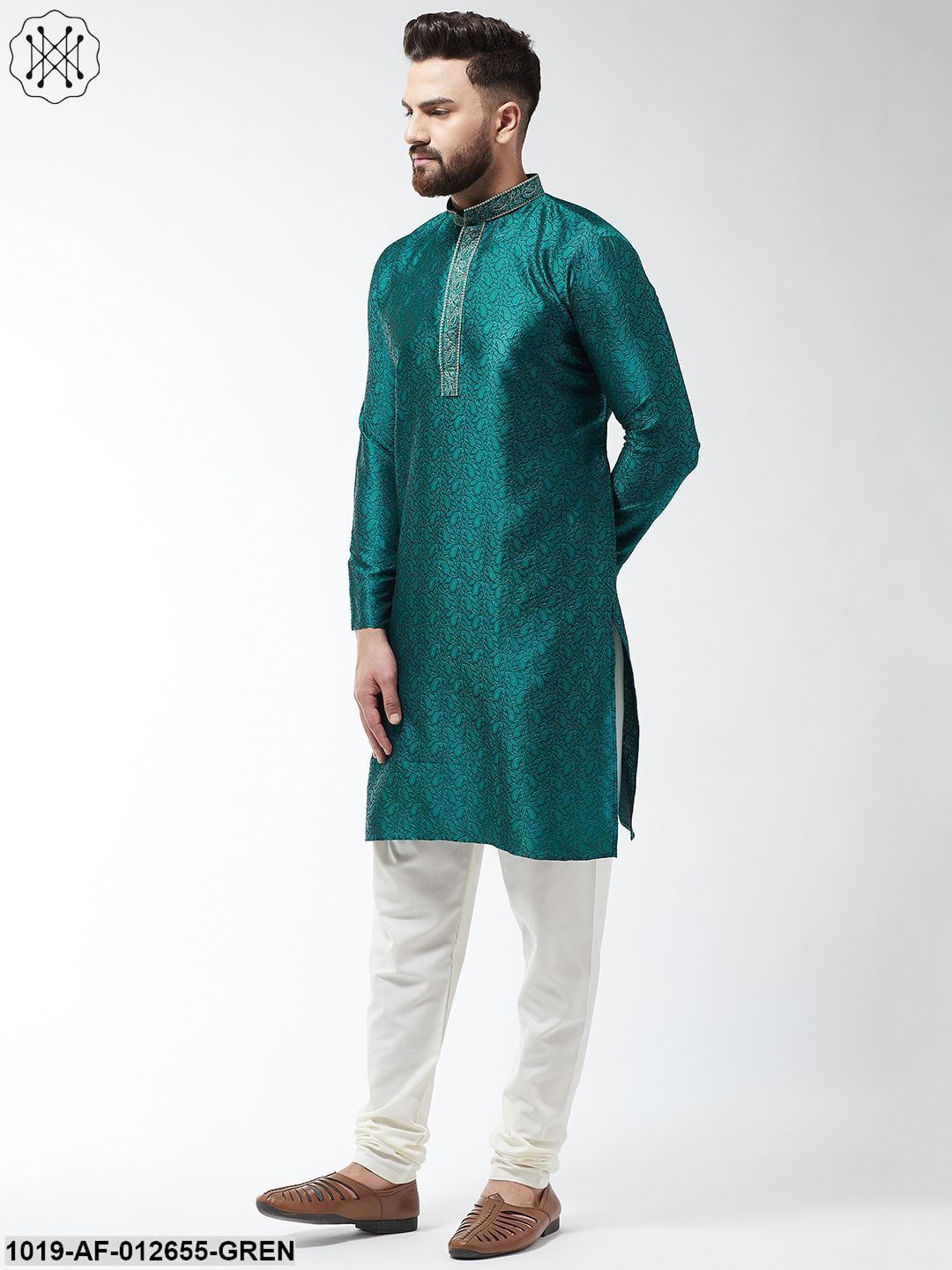 Men's Silk Blend Teal Green Kurta And Off White Churidar Pyjama Set - Sojanya