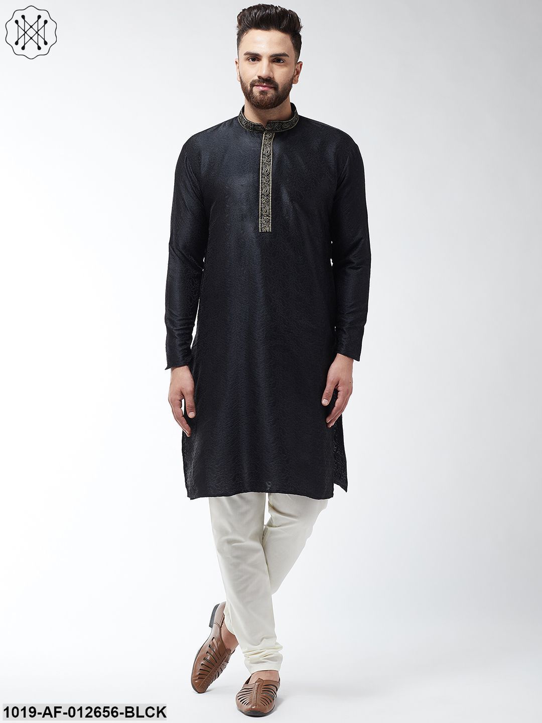 Men's Silk Blend Black Kurta And Off White Churidar Pyjama Set - Sojanya