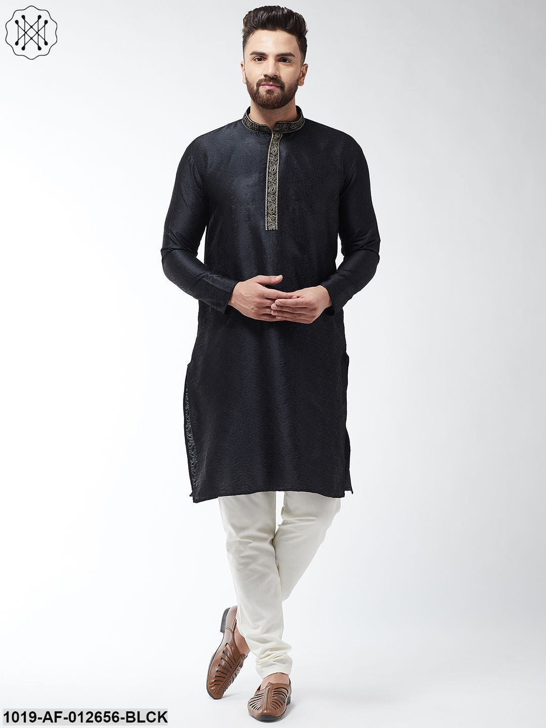 Men's Silk Blend Black Kurta And Off White Churidar Pyjama Set - Sojanya