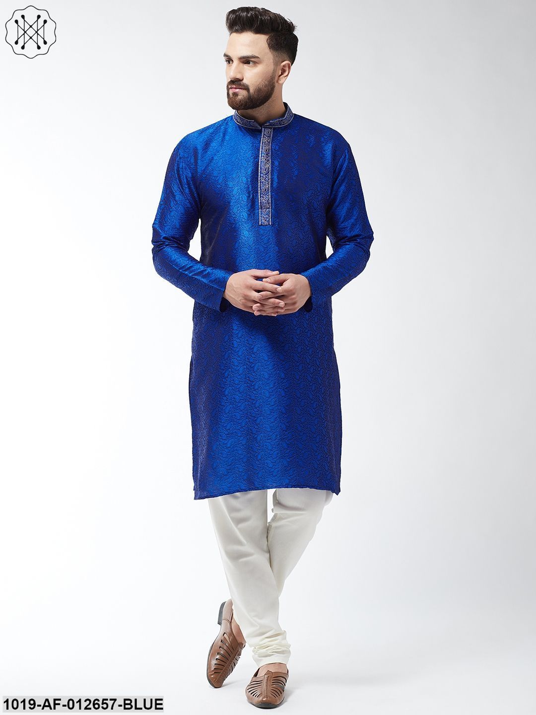 Men's Silk Blend Royal Blue Kurta And Off White Churidar Pyjama Set - Sojanya