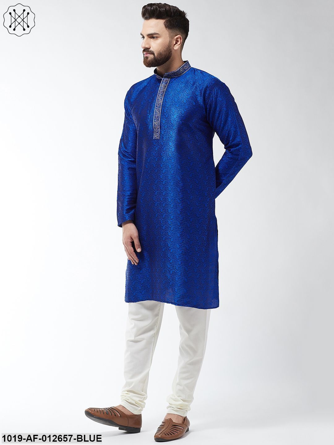 Men's Silk Blend Royal Blue Kurta And Off White Churidar Pyjama Set - Sojanya