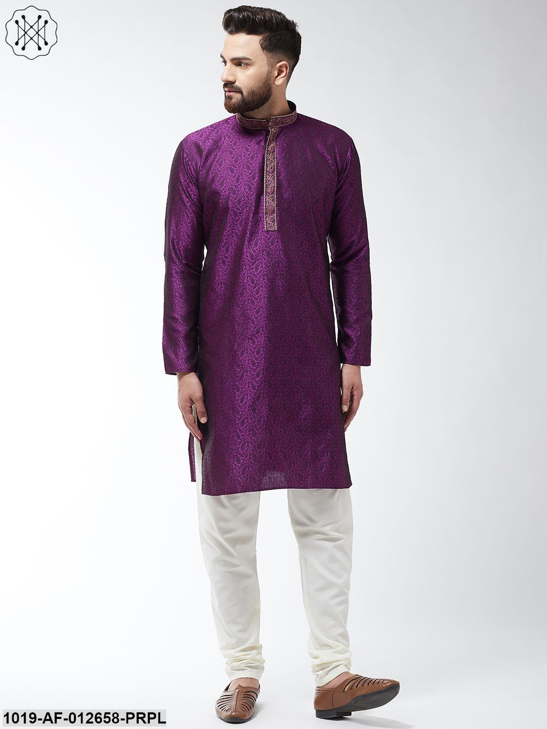 Men's Silk Blend Purple Kurta And Off White Churidar Pyjama Set - Sojanya