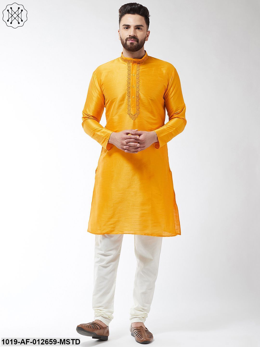 Men's Silk Blend Mustard Kurta And Off White Churidar Pyjama Set