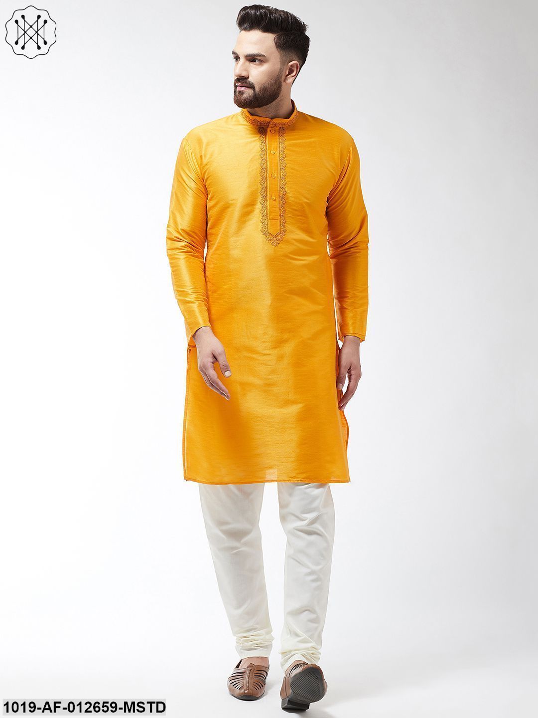Men's Silk Blend Mustard Kurta And Off White Churidar Pyjama Set