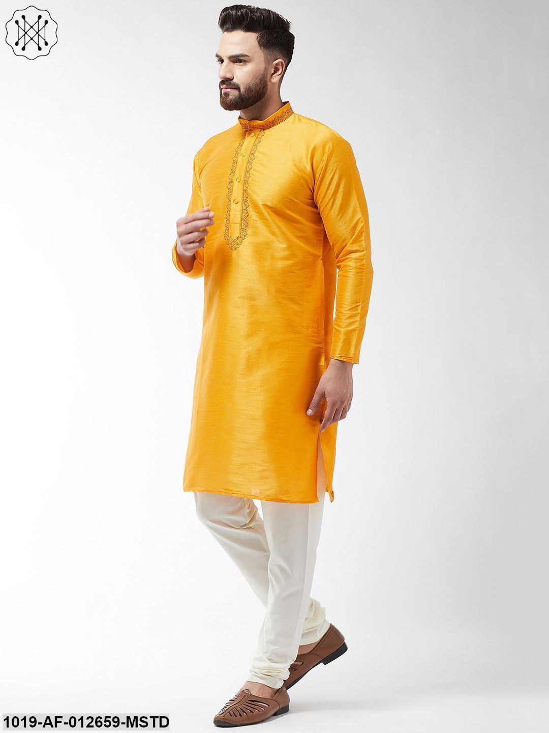 Men's Silk Blend Mustard Kurta And Off White Churidar Pyjama Set