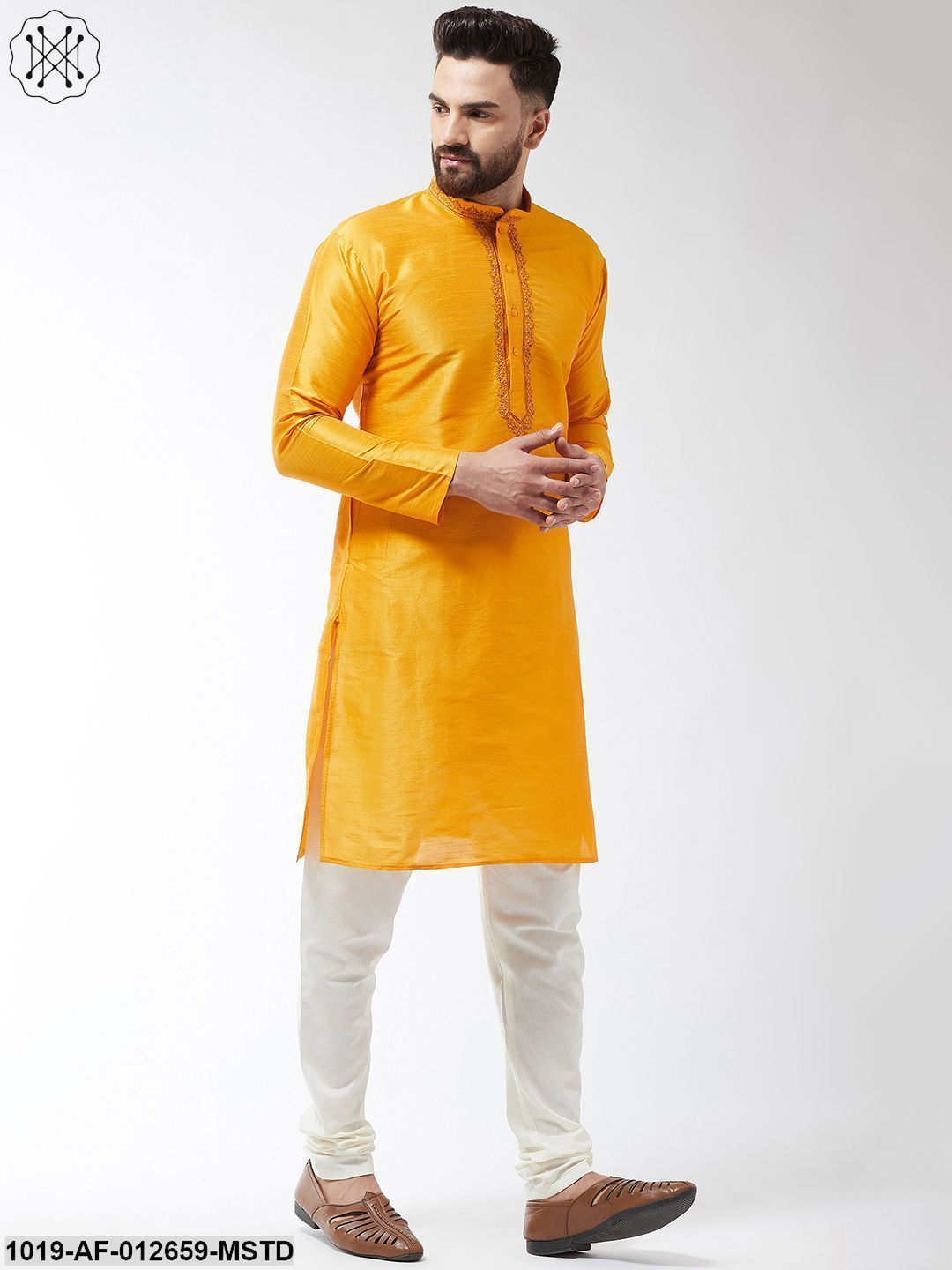 Men's Silk Blend Mustard Kurta And Off White Churidar Pyjama Set
