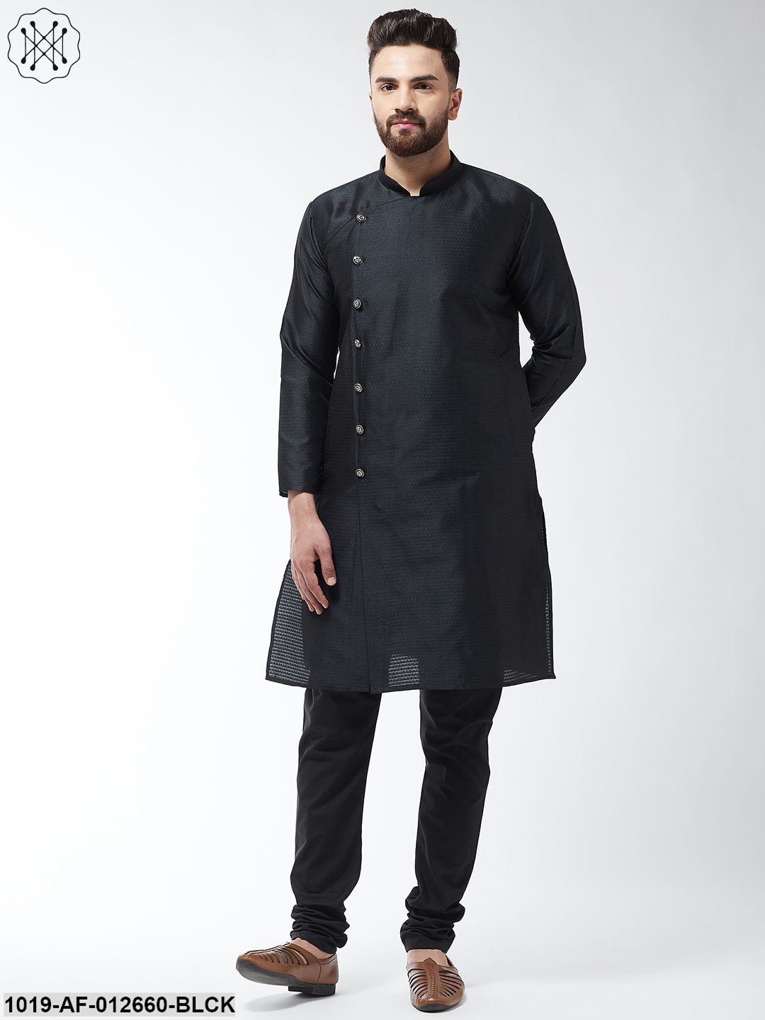 Men's Silk Blend Black Kurta & Black Churidar Pyjama Set