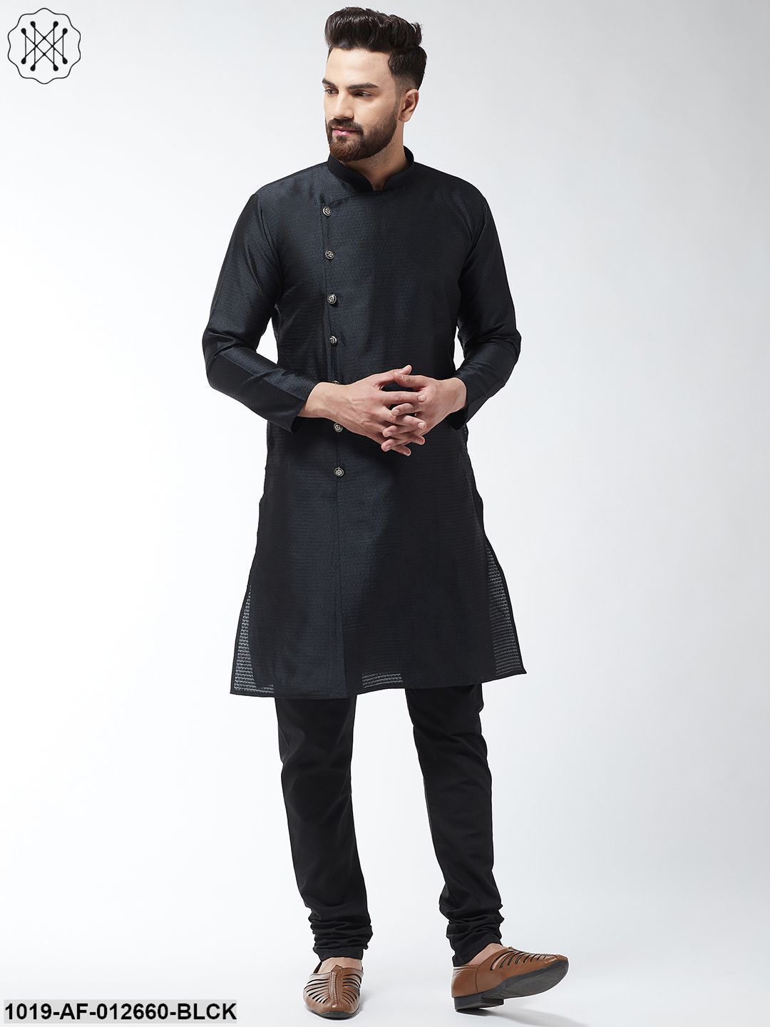 Men's Silk Blend Black Kurta & Black Churidar Pyjama Set