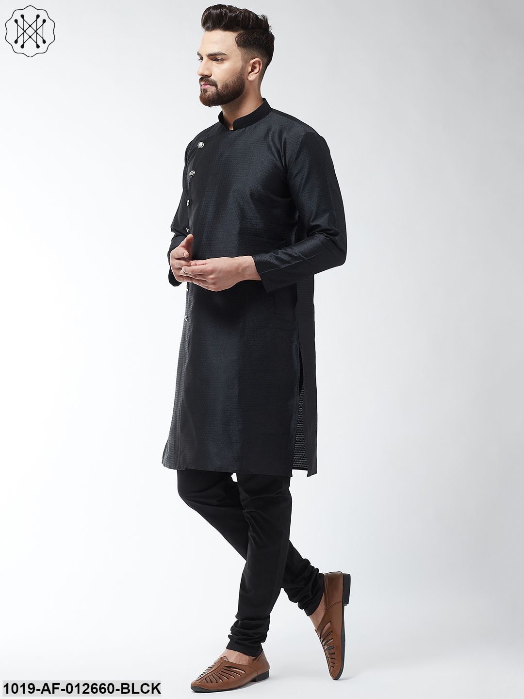 Men's Silk Blend Black Kurta & Black Churidar Pyjama Set