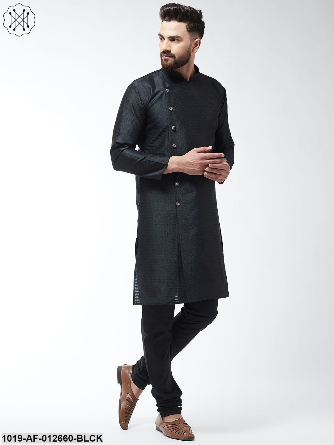 Men's Silk Blend Black Kurta & Black Churidar Pyjama Set