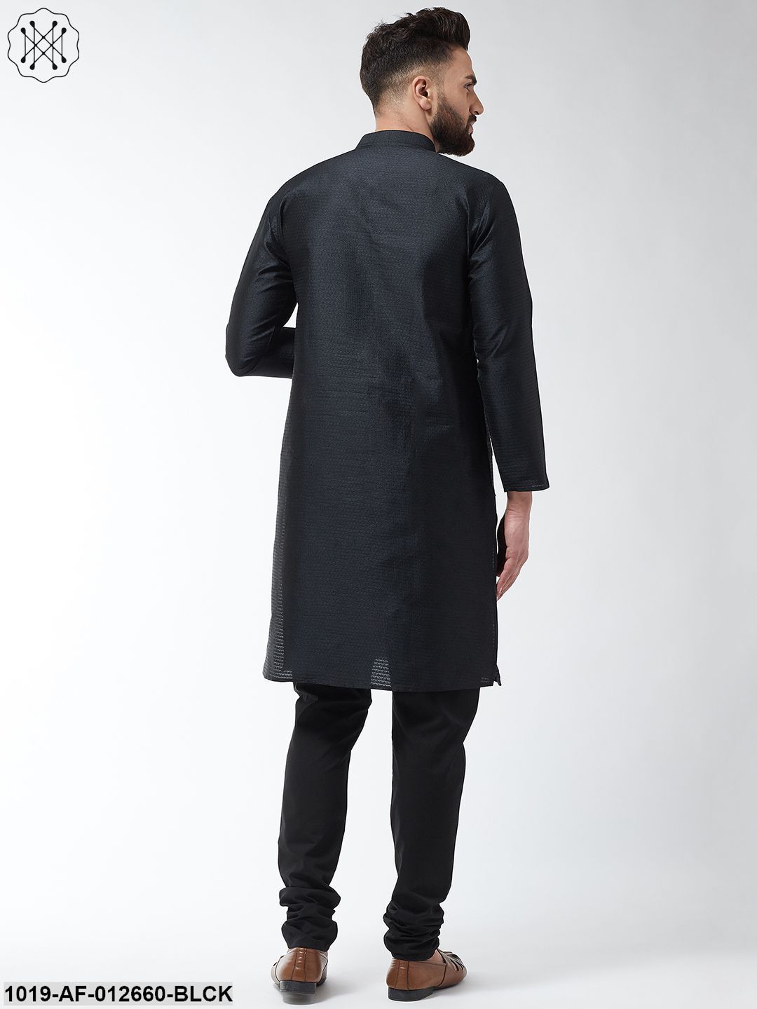 Men's Silk Blend Black Kurta & Black Churidar Pyjama Set