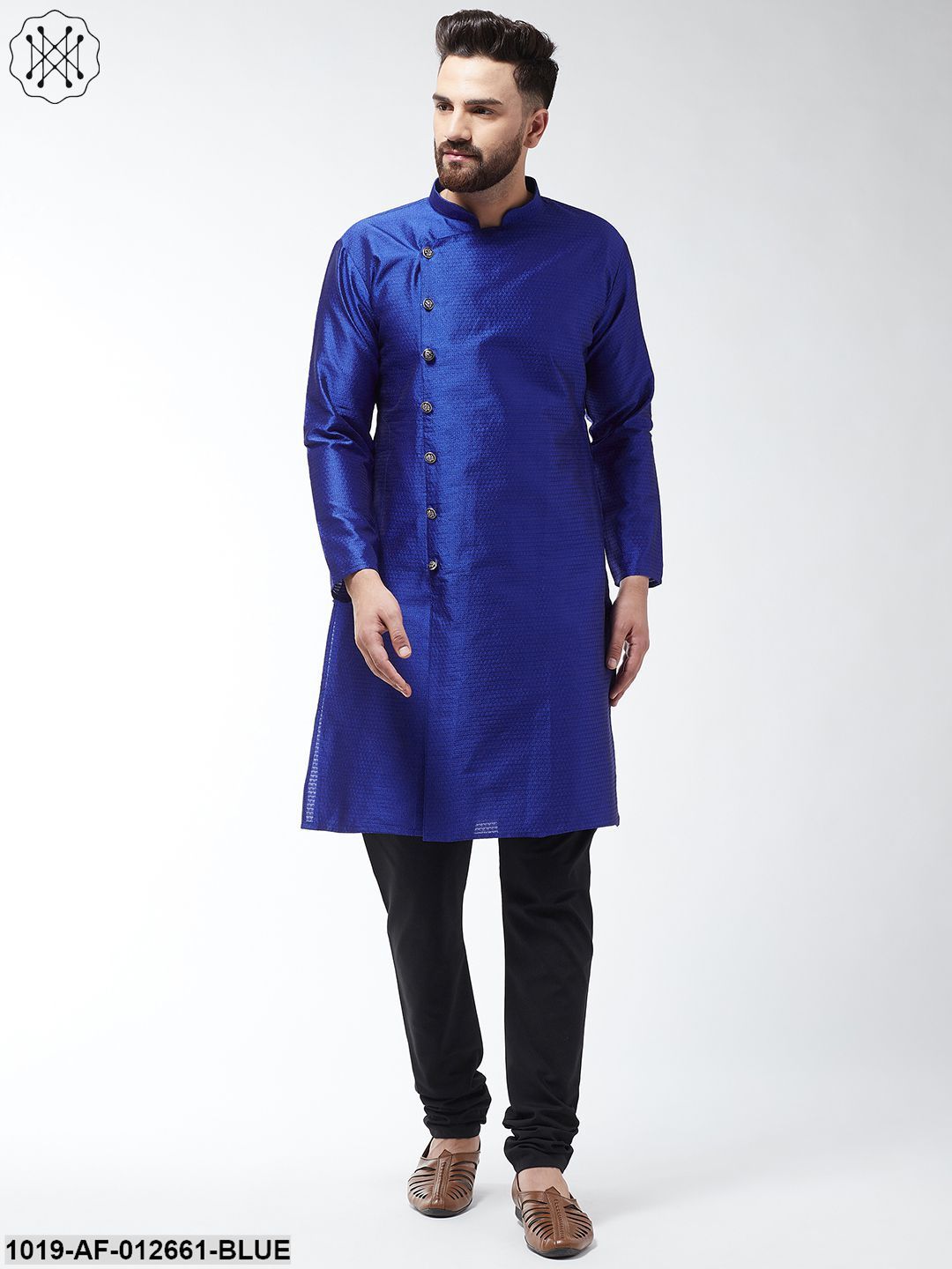 Men's Silk Blend Royal Blue Kurta & Black Churidar Pyjama Set