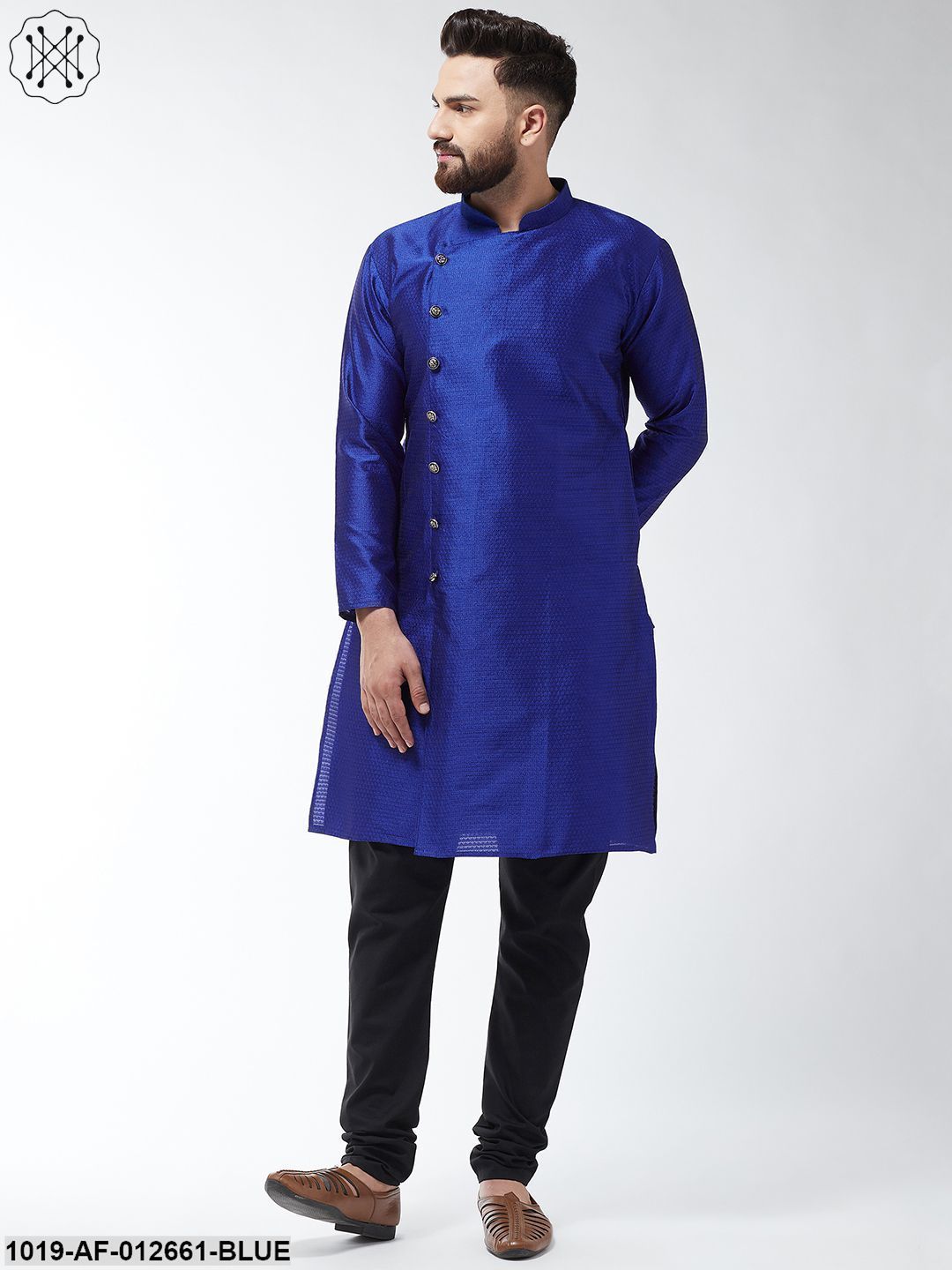Men's Silk Blend Royal Blue Kurta & Black Churidar Pyjama Set
