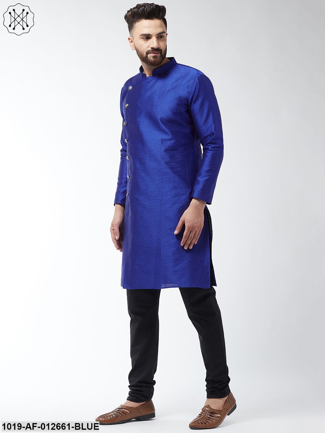 Men's Silk Blend Royal Blue Kurta & Black Churidar Pyjama Set