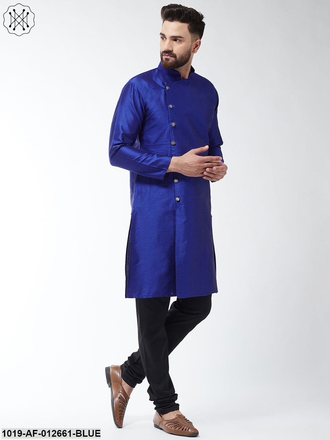 Men's Silk Blend Royal Blue Kurta & Black Churidar Pyjama Set