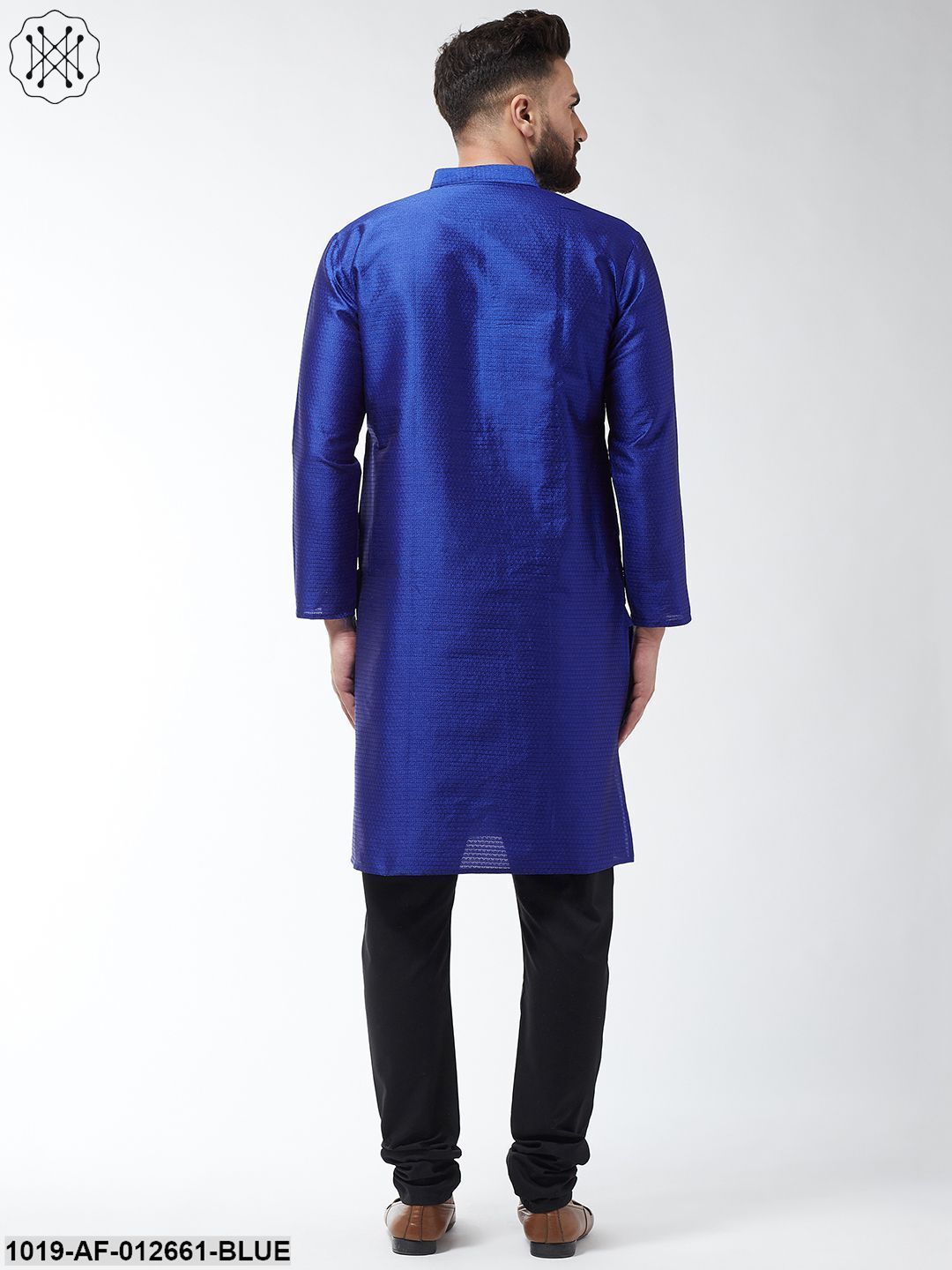 Men's Silk Blend Royal Blue Kurta & Black Churidar Pyjama Set
