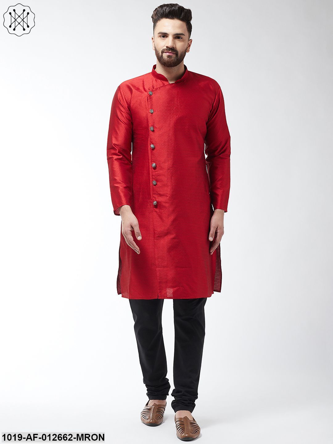 Men's Silk Blend Maroon Kurta & Black Churidar Pyjama Set