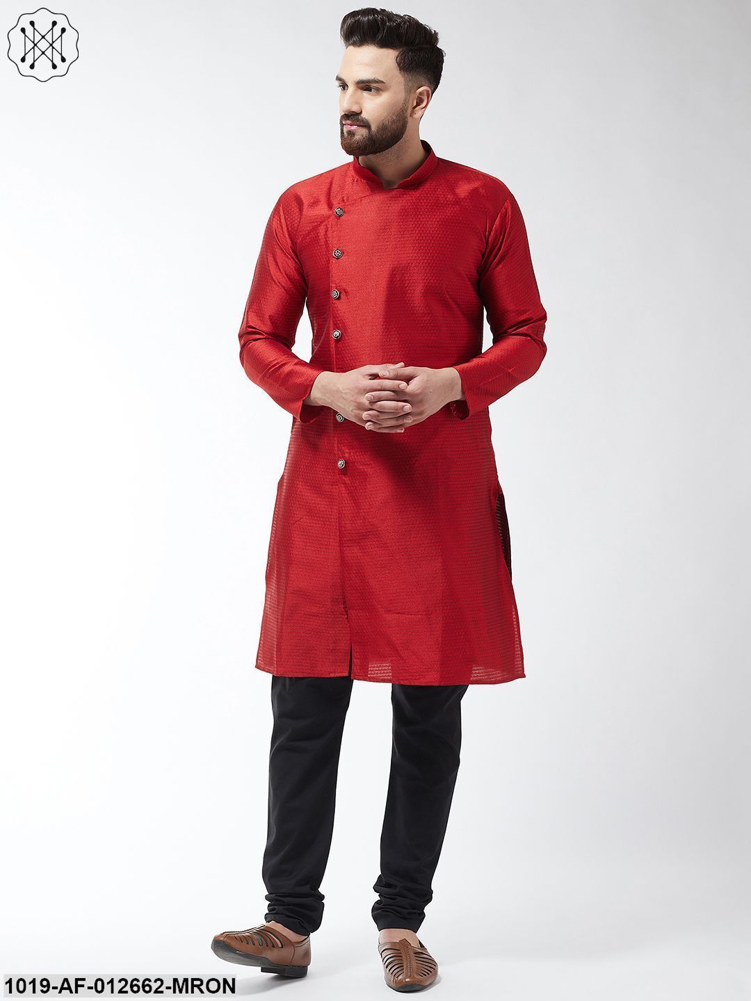 Men's Silk Blend Maroon Kurta & Black Churidar Pyjama Set